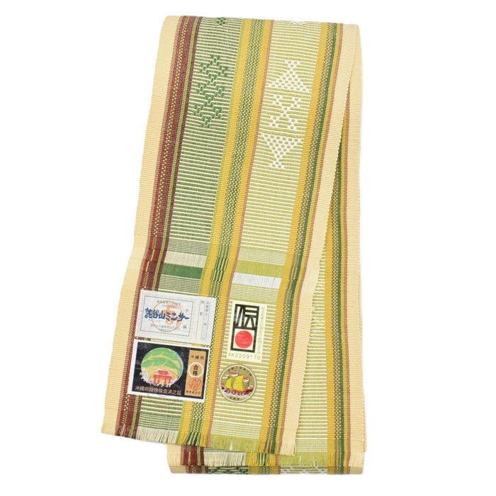 帯5　読谷山花織　ミンサー半幅帯　濃紺×青黄　未使用　長尺　４０２cm×１５cm 沖縄 伝統的工芸品 読谷山ミンサー 花織 木綿 半幅帯 水色×黄色